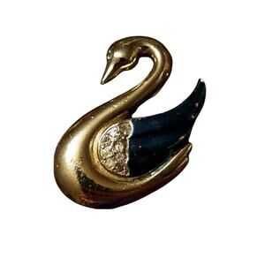 Meesco Gold Tone Swan w/ Blue Wings & White Rhinestones Pin/Brooch